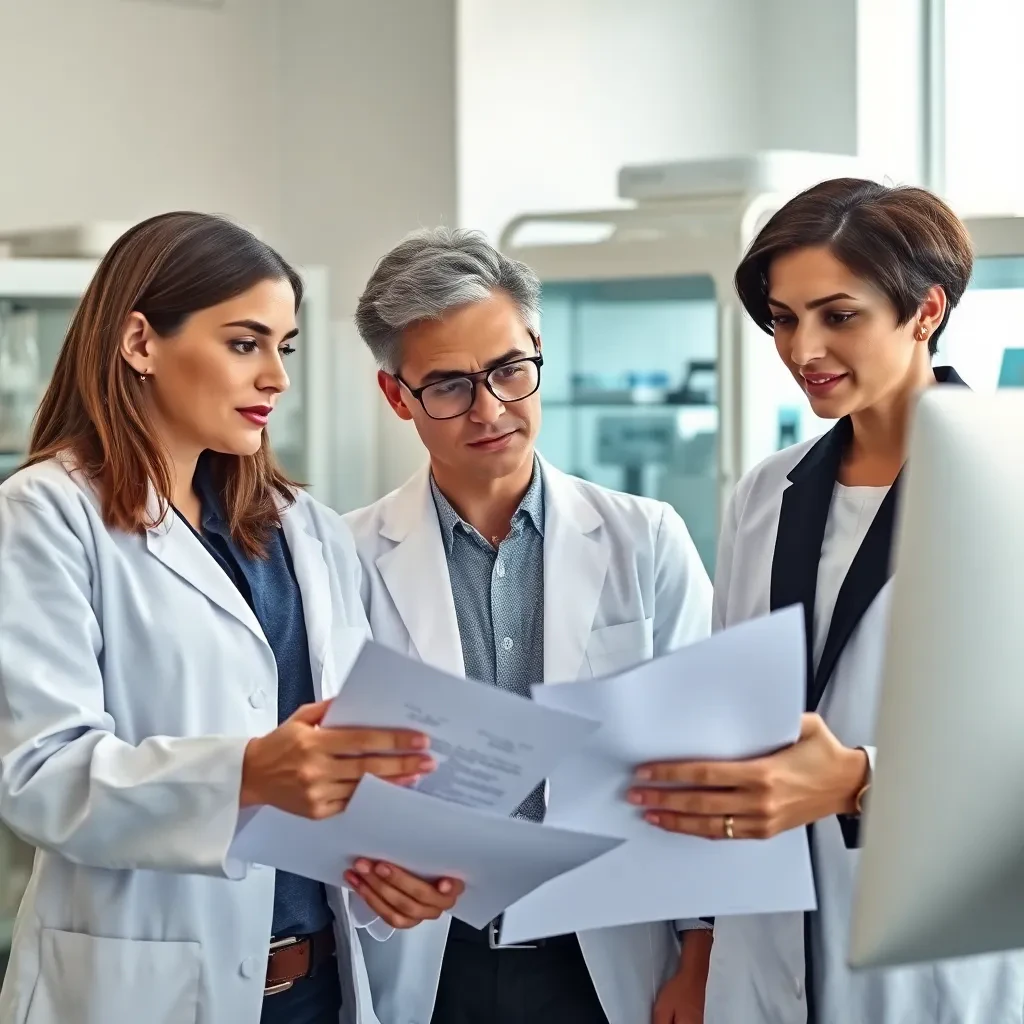 Equipe de especialistas técnicos e jurídicos colaborando em análise de documentos